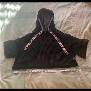 Fully mesh love drawstring crop hoodie